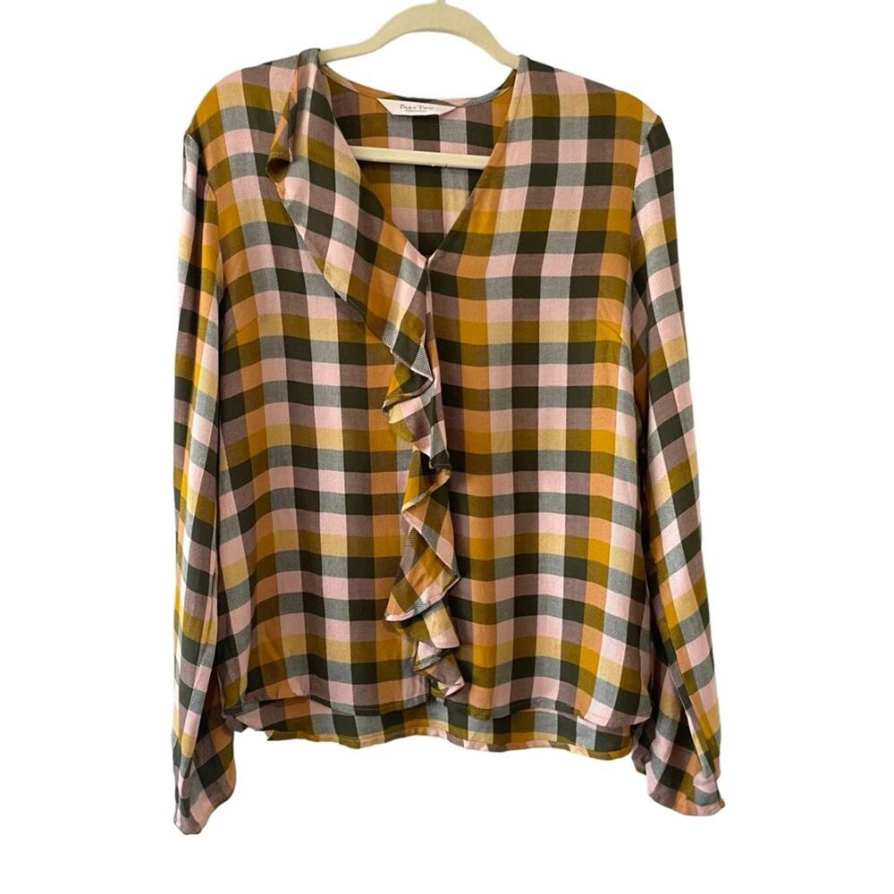 Part Two Plaid Longsleeve Top Size Medium Green Yellow Pink Checkered